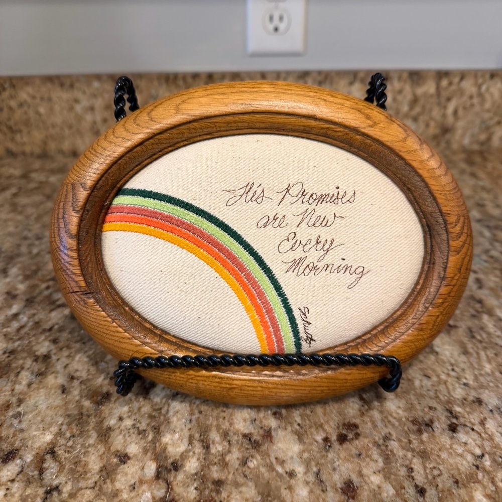 Vintage Religious Oval Embroidered His Promises Wall Hanging Small Wood Frame